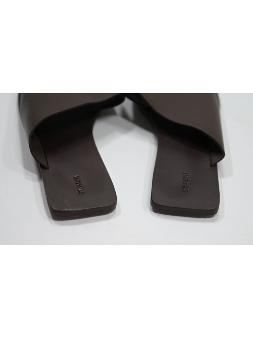 St. Agni Asymmetric Leather Slides in Chocolate - Picture 4 of 7